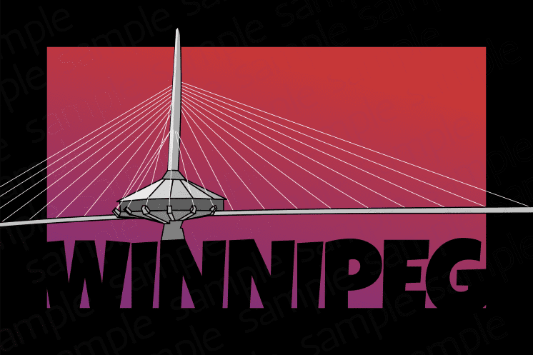 Postcard featuring a vector drawing of the Esplanade Riel pedestrian bridge, and the word WINNIPEG written in bold black font, with a magenta/purple gradient background.