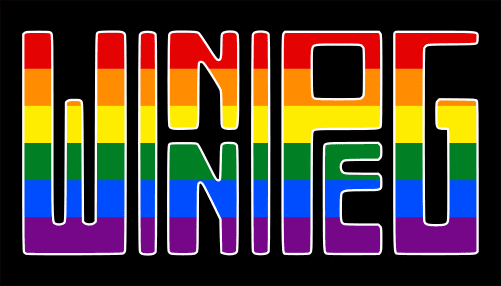 The text 'Winnipeg' filled with the rainbow pride flag colours on a black background and with a thin white border aroudn the text.