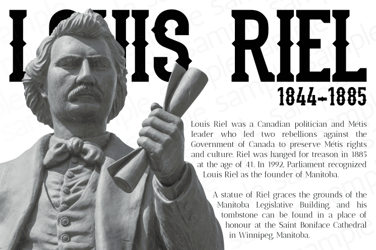 Front of postcard, featuring the head and shoulders of a statue of Louis Riel clutching a rolled sheet of paper. Postcard has 'Louis Riel' written in a large black font as well as the years 1844-1885 below, and a block of explanatory text. 