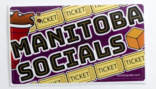 Sticker with the words Manitoba Socials, as well as images of prize tickets, a red drink cup, and a cheese cube