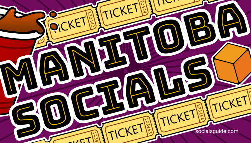 Sticker with the words Manitoba Socials, as well as images of prize tickets, a red drink cup, and a cheese cube