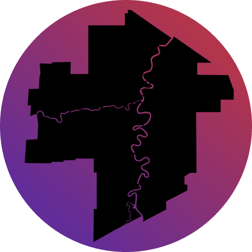 Circle design with purple/pink background and a black silhouette of the City of Winnipeg outline, hilighting Winnipeg's rivers